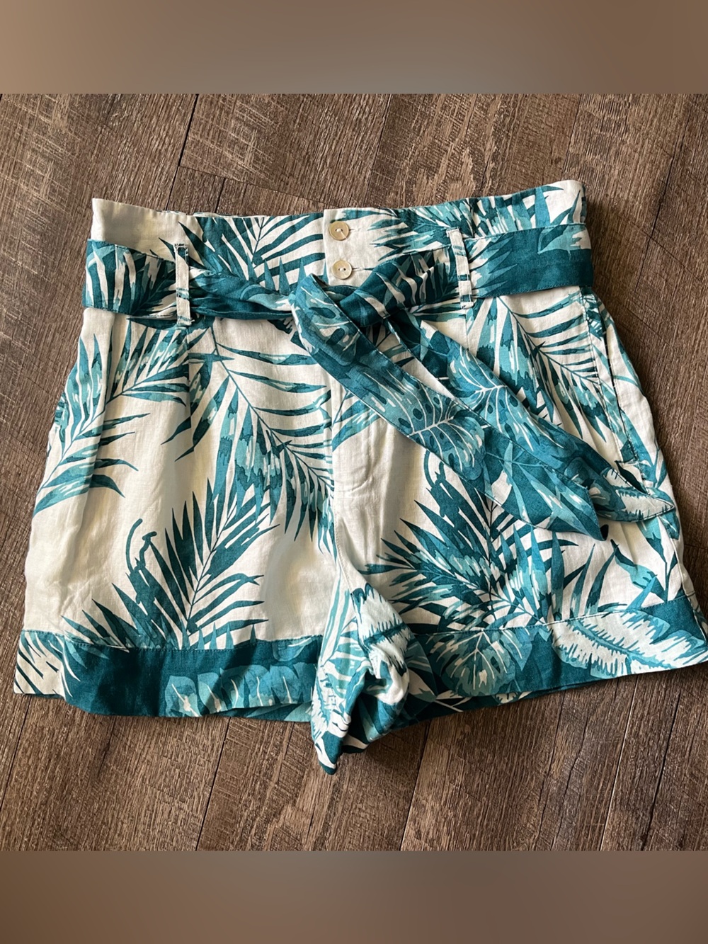 C&C California Teal and White Tropical Leaf Printed Linen Shorts